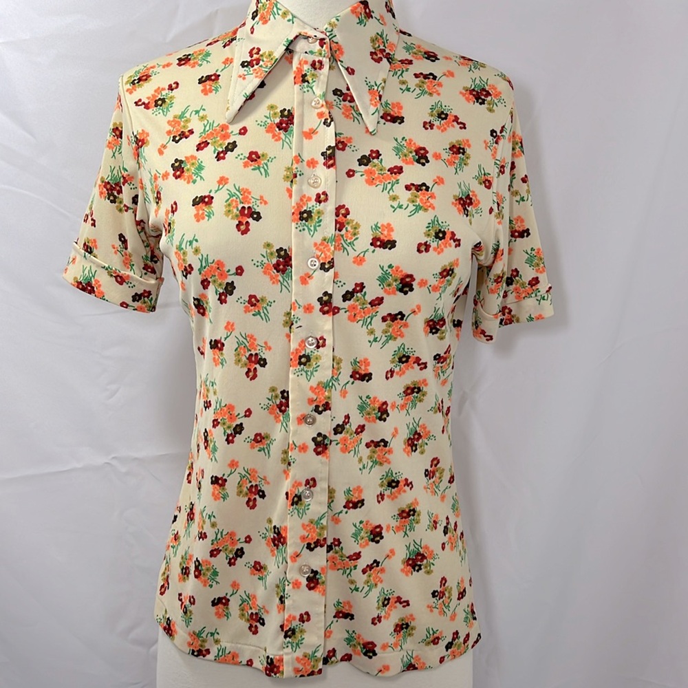 Vintage Shirt Stop Nylon Button Down Floral Blouse